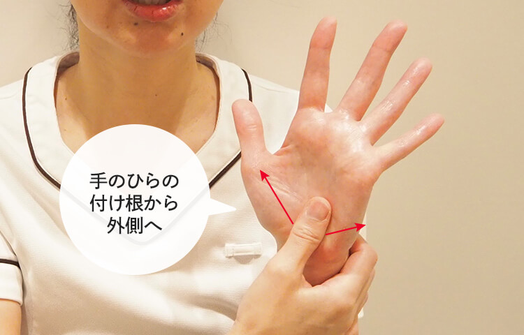 手のひらの付け根から外側へ