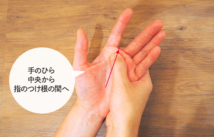 手のひら中央から指のつけ根の間へ