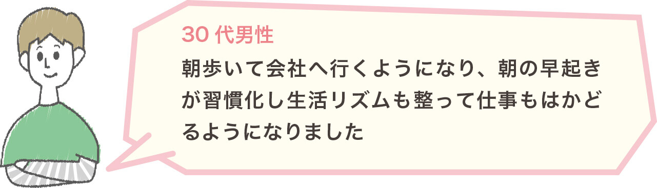30代男性 朝歩いて会社へ行くようになり、朝の早起きが習慣化し生活リズムも整って仕事もはかどるようになりました